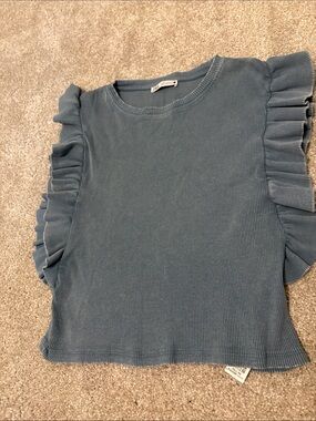 Zara Ruffle Sleeve Ribbed Top - Blue